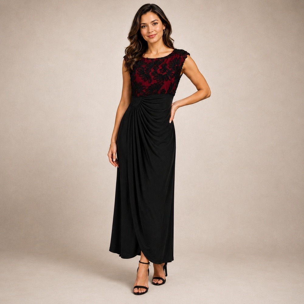 3085 | Floral Lace Draped Maxi Gown Black Burgundy Dark Romantic Formal Women 6